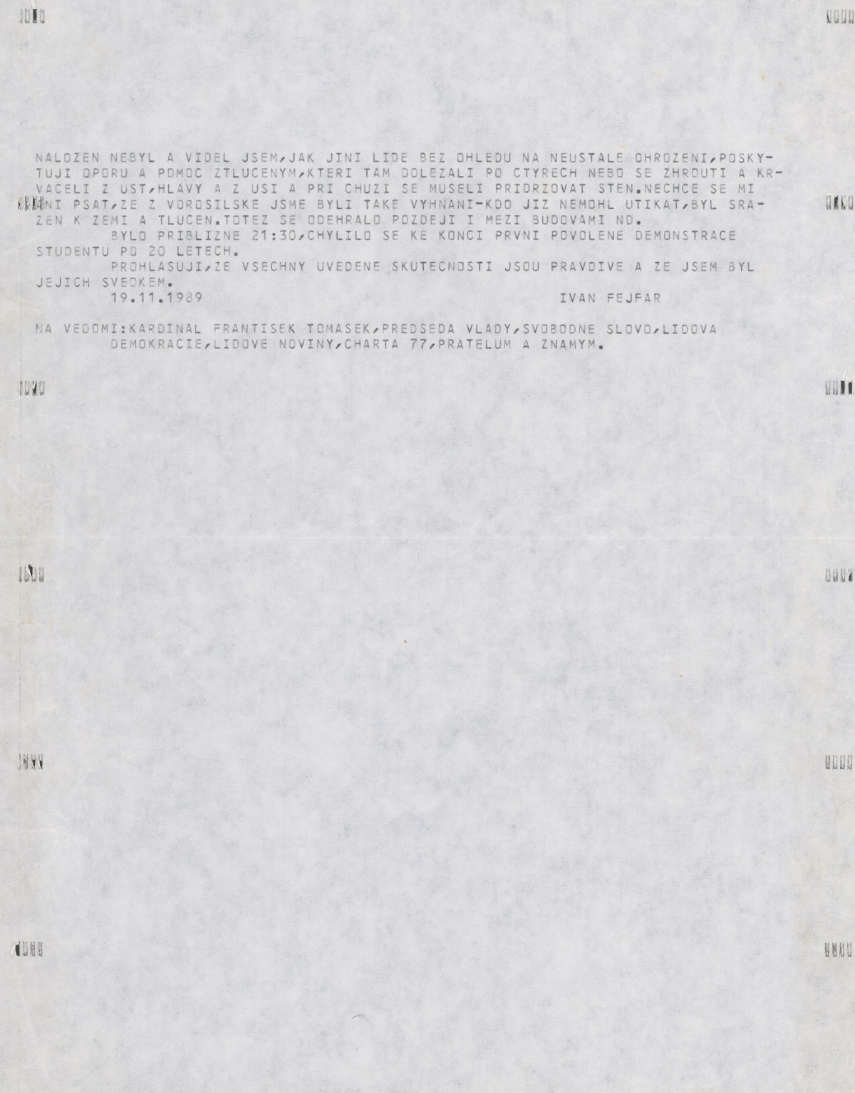 Svedectvi-zaver reportaze ze studentske manifestace 17.listopadu 1989 (2.strana). Archív Heleny Kociskej